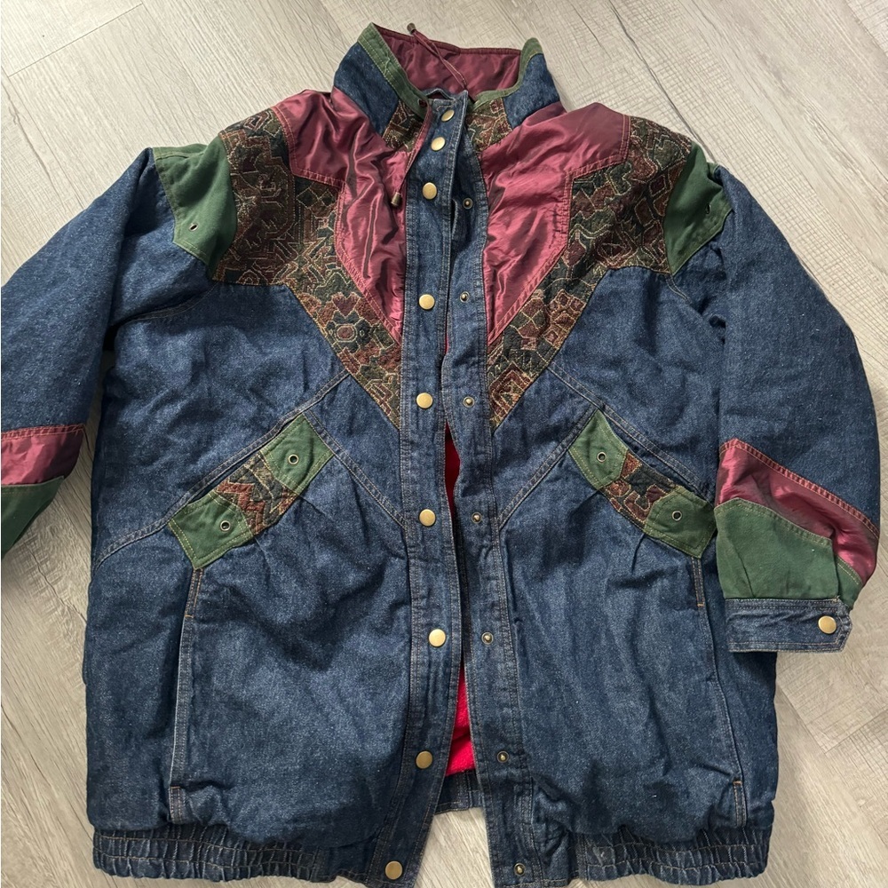 Vintage Jacket Patchwork Tapestry Denim Coat Size Womens XL Hunters Run